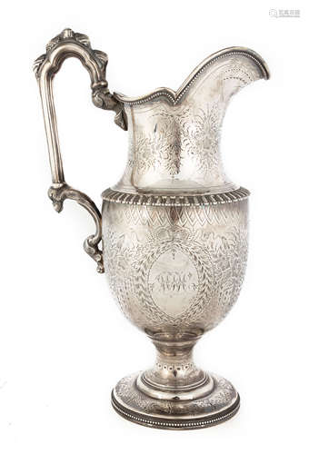 W. Gale & Son, NY Silver Pitcher. 19th century, with hand engraving. 31 ozt. Monogrammed. Ht. 13 1/