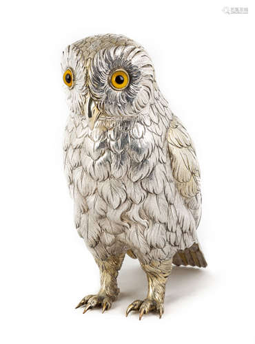 Sterling Silver Owl. with gilded highlights and blown glass eyes. 41 ozt. Ht. 11