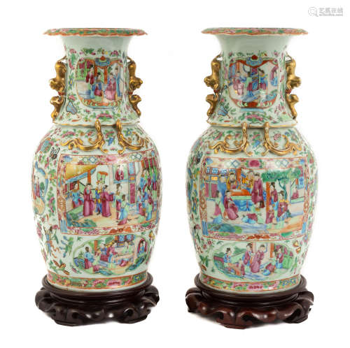 Pair of Chinese Export Famille Rose Vases With Stands. 19th century. Excellent. Ht. 17