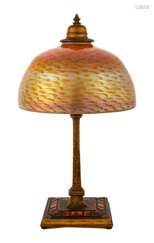 Tiffany Studios Bronze and Enameled Art Deco Desk Lamp. Favrille shade. Base stamped Louis Tiffany