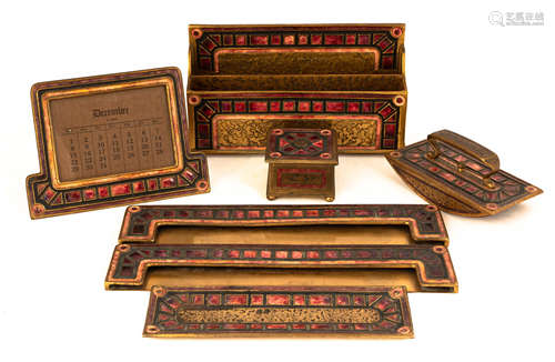 Louis C. Tiffany Furnaces Inc. Art Deco Desk Set. Gold patina with enameling. All impressed Louis C.