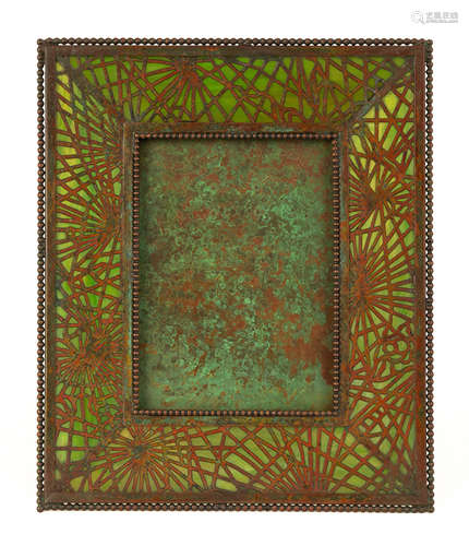 Tiffany Studios, NY Pine Needle Picture Frame. Bronze and favrille glass. Brownish green patina.