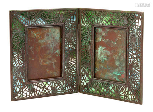 Tiffany Studios, NY Pine Needle Double Picture Frame. Bronze and favrille glass. Brownish green