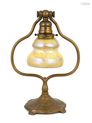 Tiffany Studios, New York, Harp Lamp. Bronze zodiac base with brownish-gold patina. Favrille