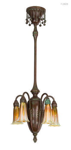 Tiffany Studios, NY, Five Arm Moorish Lily Fixture. with superb red/green decorated shades.