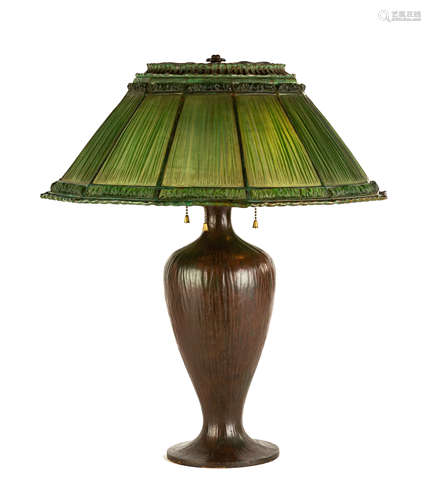 Tiffany Studios, NY, Favrile Fabrique Table Lamp. Leaded glass & greenish-brown patinaed bronze.