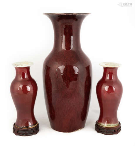 Three Chinese Sang de Boeuf Glaze Vases. Max Ht. 18
