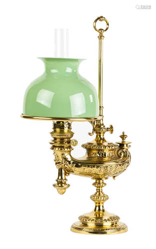 Harvard Student Lamp. Original oil. Signed Wild & Wessel, with original apple green shade, chimney