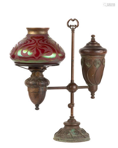 Tiffany Studios, NY Student Lamp. Possibly Loetz, cased and acid etched shade. Duplex burner.