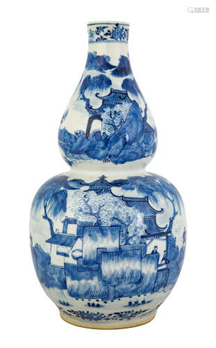 Chinese Blue & White Porcelain Double Gourd Vase. Signed. Ht. 13