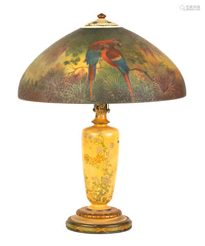 Handel Reverse Painted Jungle Bird Lamp. on an Oriental Urn base. Signed & numbered 6874. Ht. 24