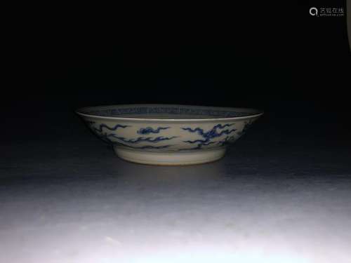 A BLUE AND WHITE DRAGON AND PHOENIX DISH.MING PERIOD