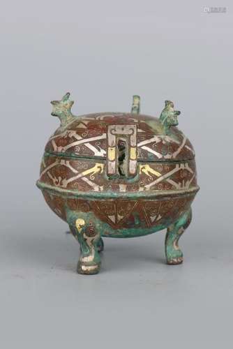 A GOLD-SILVER INLAID BRONZE TRIPOD VESSEL AND