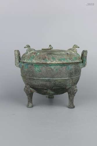 A BRONZE TRIPOD VESSEL AND COVER.ANTIQUE