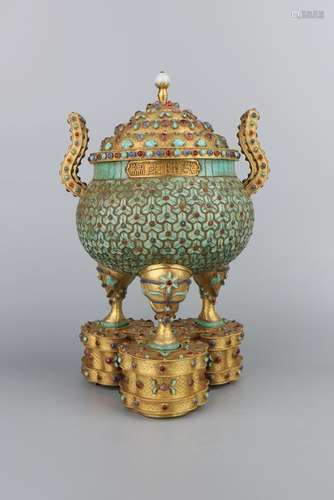 A GEM'S INLAID GILT-SILVER TRIPOD CENSER AND