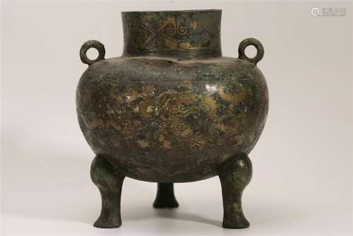 A GOLD-INLAID BRONZE VESSEL.ANTIQUE