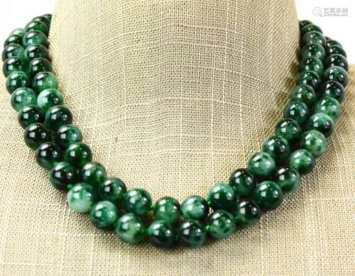 Pair Hand Knotted Green White Jade Bead Necklaces