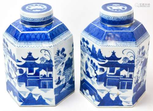 Pair Chinese Canton Blue & White Store Tea Caddies