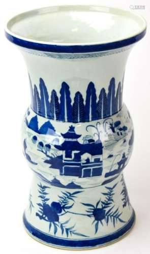 Chinese Canton Blue & White Bronze Form Vase