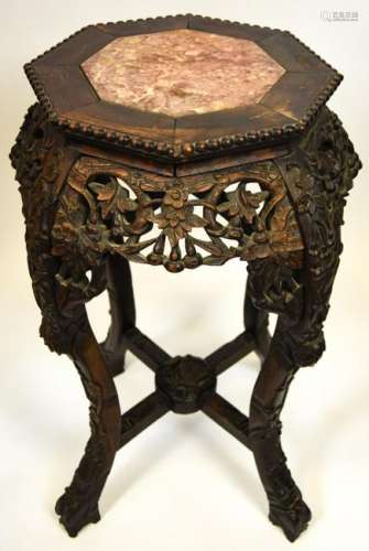 Antique Chinese Hand Carved & Rouge Marble Stand