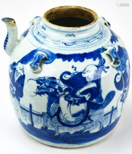 Antique Chinese Blue & White Teapot W Wax Seal