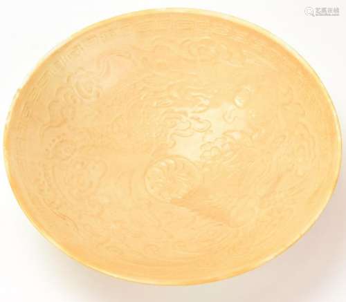 Chinese Glazed Bisque Bowl W Floral Relief Motif