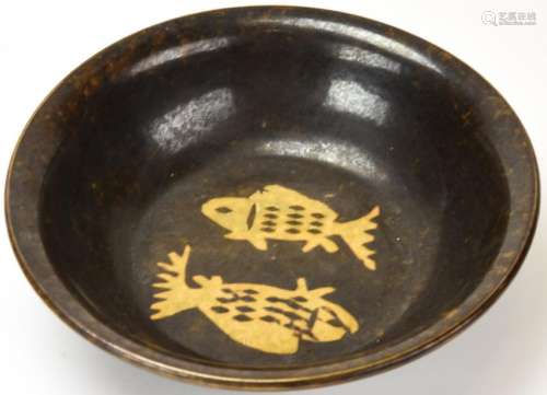 Chinese Glazed Porcelain Bowl W Fish Motif