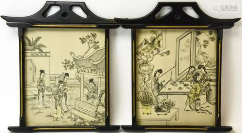 2 Japanese Courtyard Prints in Pagoda Form Frames
