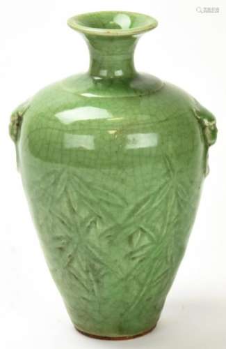 Chinese Celadon Vase w Bamboo + Foo Dog Motif