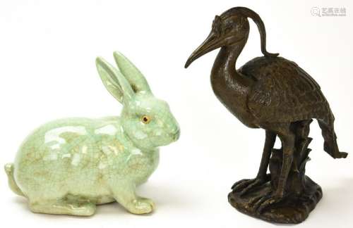 Cast Bronze Crane and Celadon Porcelain Rabbit