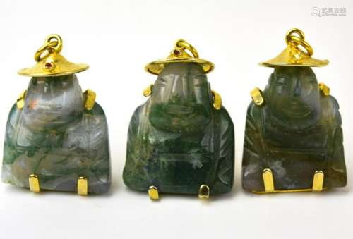 Three Carved Buddha Necklace Pendants Incld Jade