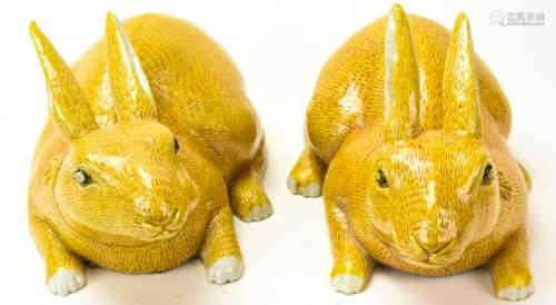 Pair Antique Chinese Yellow Glazed Figural Rabbits