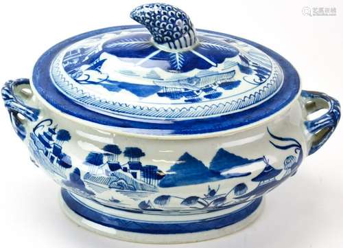 Chinese Canton Blue & White Porcelain Tureen