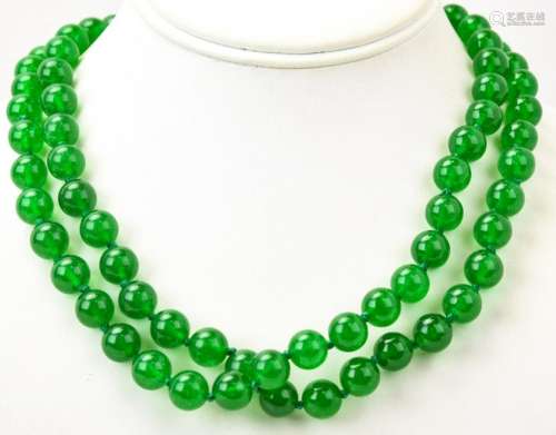 Pair of Hand Knotted Green Jade Bead Necklaces
