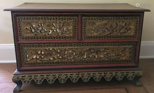 Antique Chinese Heavily Carved Chest / Bureau