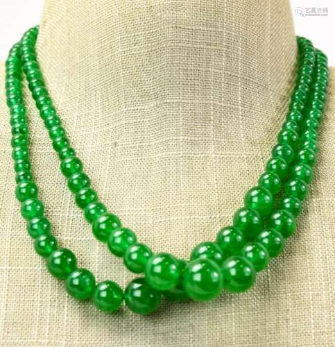 Pair of Hand Knotted Green Jade Necklace Strands
