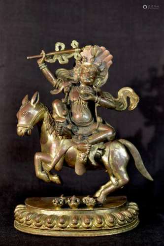 Antique Tibet Gilt Bronze Guardian on Mule
