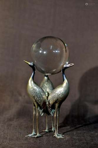Japanese Sterling Silver Crane with Crystal Ball -