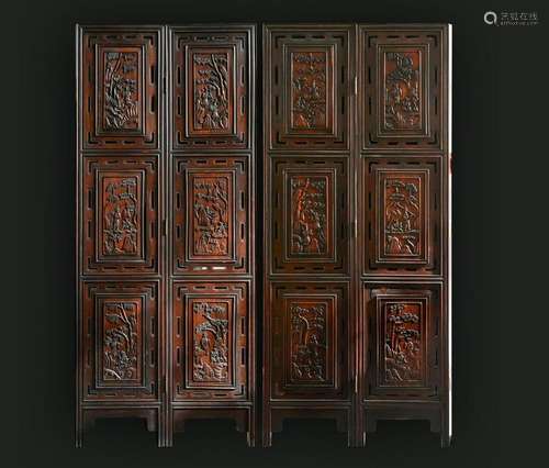 Chinese Four Panel Rosewood Screen with Warrior Scene