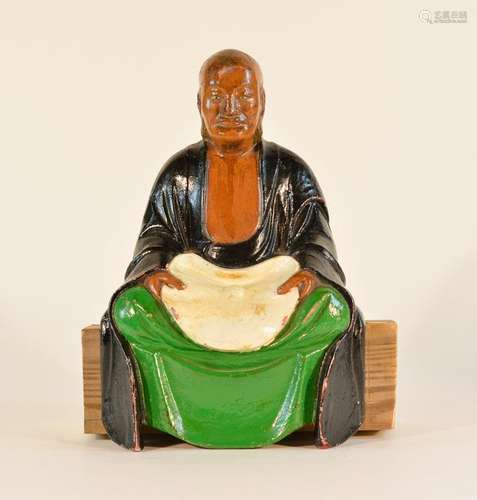 Unusual Asian Polychrome Metal Seated Lohan