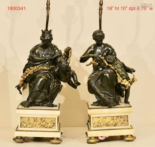 Pair French Bronze and Marble Sculpture Lamp