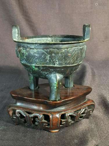 Ancient Chinese Bronze Archaic Ding on Wood Base