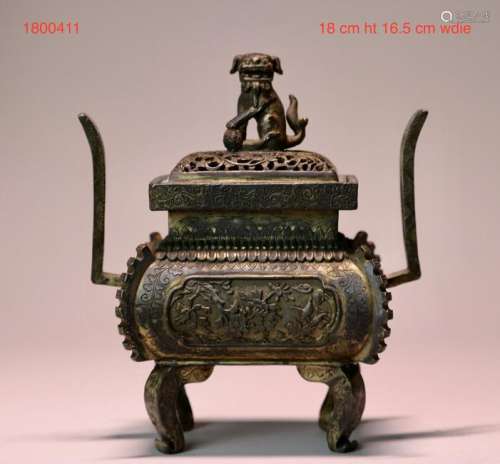 Chinese Rectangular Bronze Censer with Foolion Finial