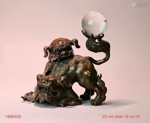 Japanese Bronze Shishi with Crystall Ball