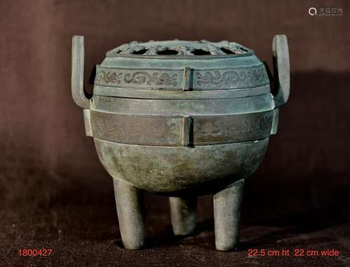 Chinese Bronze Ding Censer with Silver Inlay