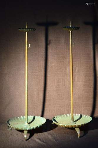 Pair Japanese Bronze Candle Stick with Chrysanthman