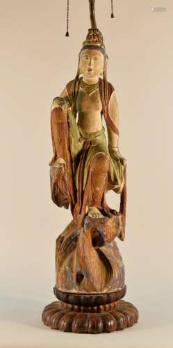 Chinese Carved Wood Polychrome Kuanyin Mounted as Lamp
