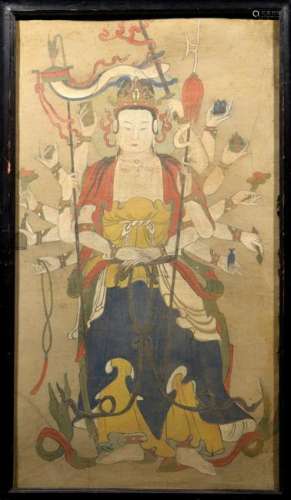 Antique Chinese Fresco Painting of Kuanyin with Multi
