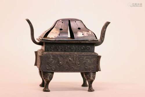 Chinese Bronze Ding Censer with Sterling Silver Lid