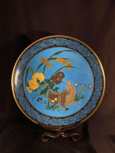 Stunning Signed Japanese Cloisonne Charger - Quail